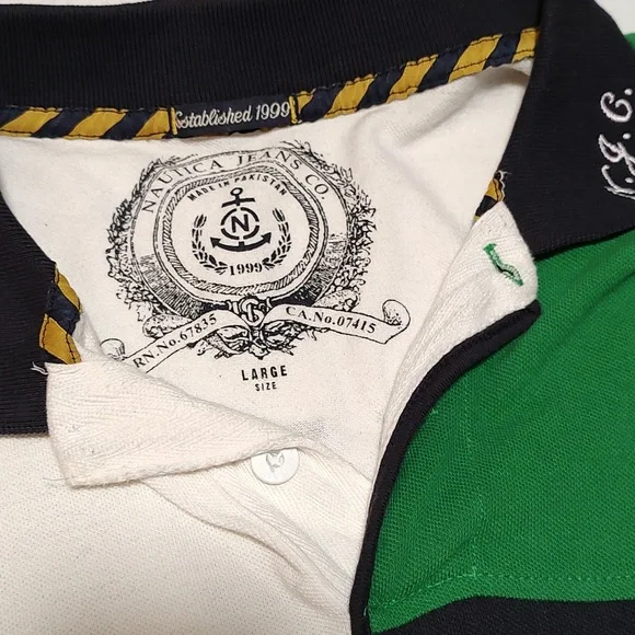 Men's Nautica Jeans Co Blue/White/ Green Color Block Polo Shirt Size L - Picture 2 of 4